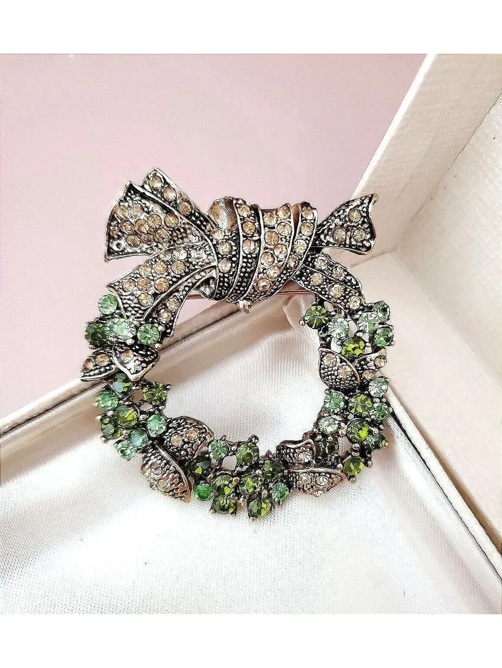 Vintage Green and Tan Rhinestone Bow Wreath Brooch